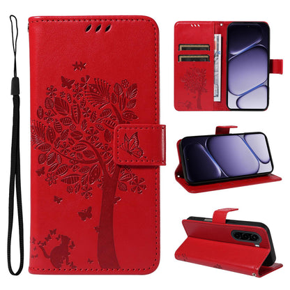 For Realme P4x 5G Tree & Cat Embossed Pattern Flip Leather Phone Case - Red - EDA006505011G