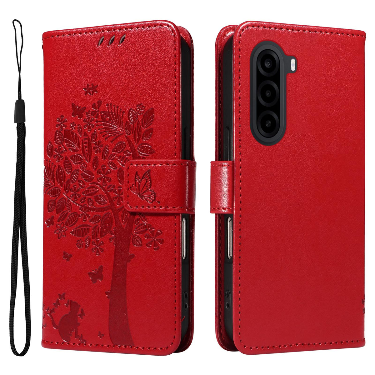 For Realme P4x 5G Tree & Cat Embossed Pattern Flip Leather Phone Case - Red - EDA006505011G