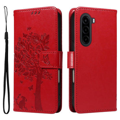 For Realme P4x 5G Tree & Cat Embossed Pattern Flip Leather Phone Case - Red - EDA006505011G