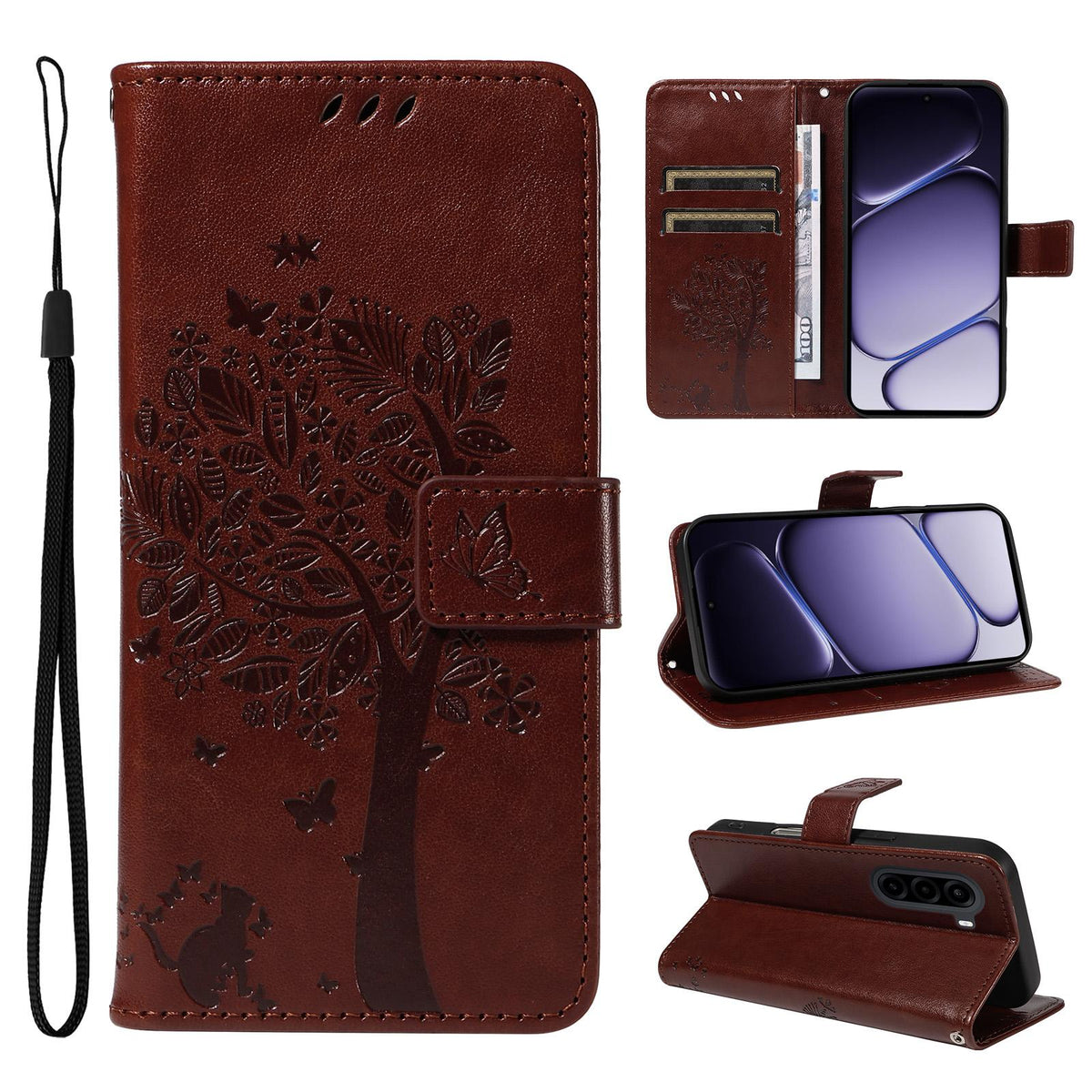 For Realme P4x 5G Tree & Cat Embossed Pattern Flip Leather Phone Case - Coffee - EDA006505011H