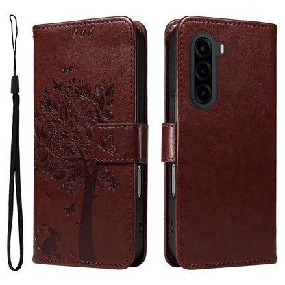For Realme P4x 5G Tree & Cat Embossed Pattern Flip Leather Phone Case - Coffee - EDA006505011H