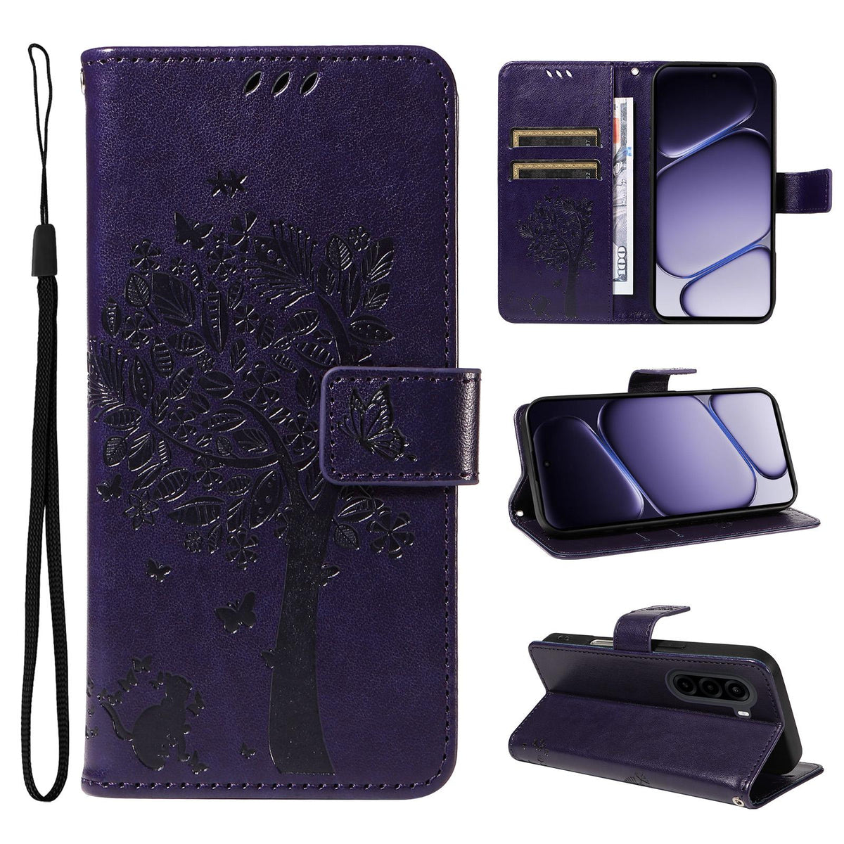 For Realme P4x 5G Tree & Cat Embossed Pattern Flip Leather Phone Case - Purple - EDA006505011I