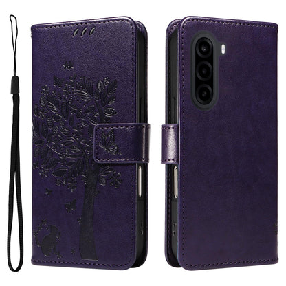 For Realme P4x 5G Tree & Cat Embossed Pattern Flip Leather Phone Case - Purple - EDA006505011I