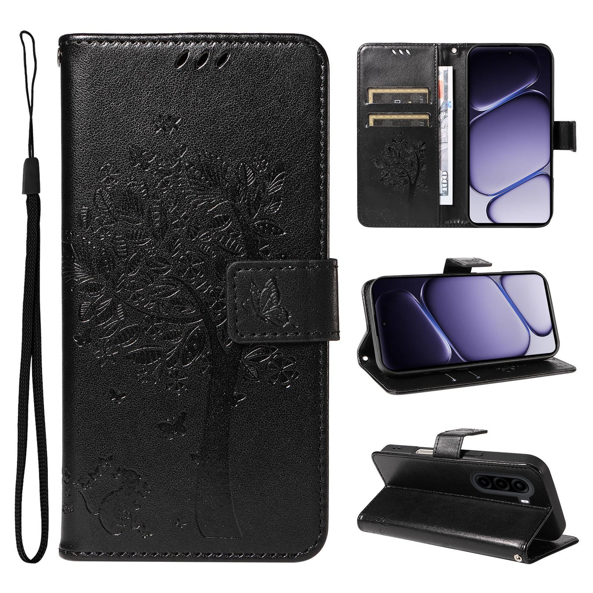 For Realme P4x 5G Tree & Cat Embossed Pattern Flip Leather Phone Case - Black - EDA006505011J