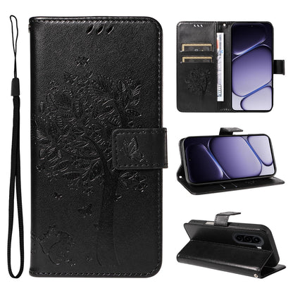 For Realme P4x 5G Tree & Cat Embossed Pattern Flip Leather Phone Case - Black - EDA006505011J