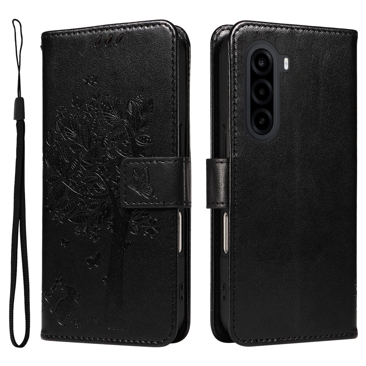 For Realme P4x 5G Tree & Cat Embossed Pattern Flip Leather Phone Case - Black - EDA006505011J