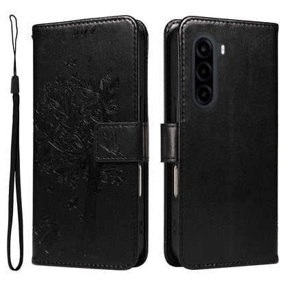 For Realme P4x 5G Tree & Cat Embossed Pattern Flip Leather Phone Case - Black - EDA006505011J