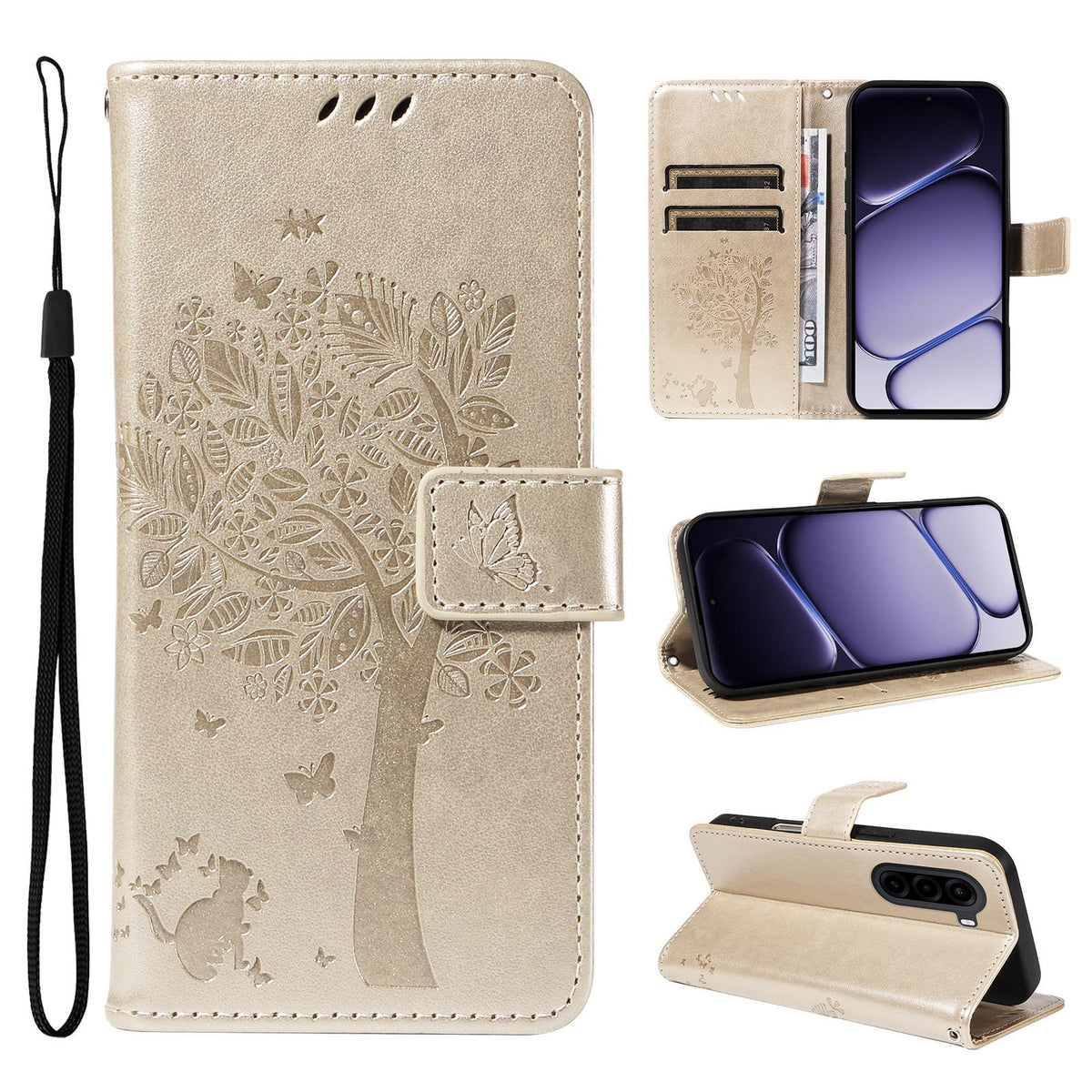 For Realme P4x 5G Tree & Cat Embossed Pattern Flip Leather Phone Case - Gold - EDA006505011K