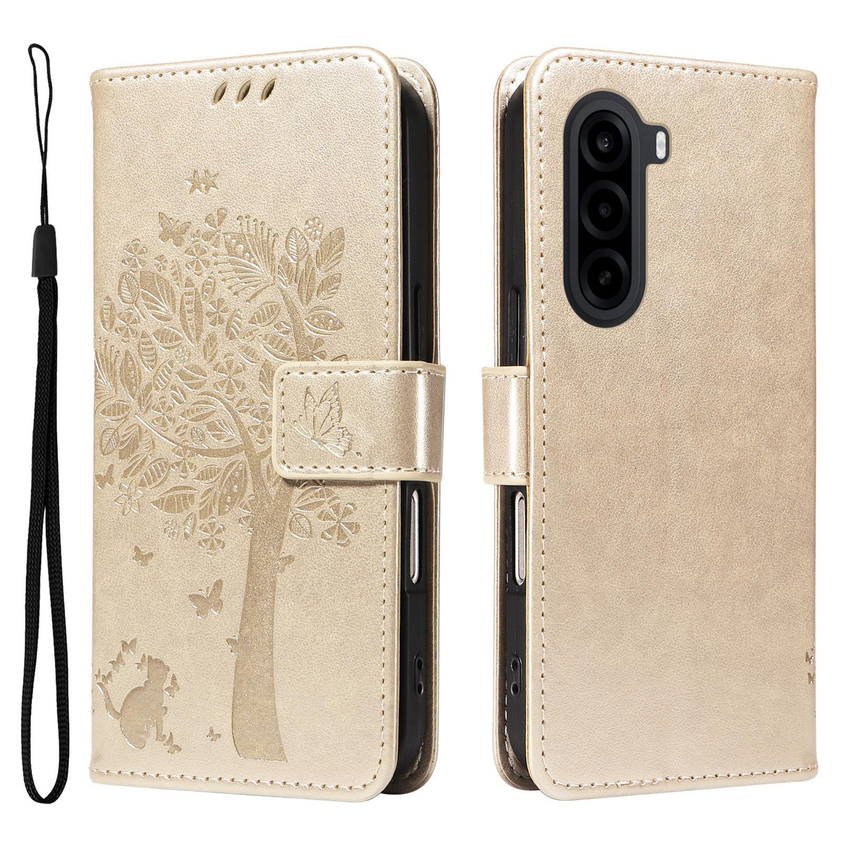 For Realme P4x 5G Tree & Cat Embossed Pattern Flip Leather Phone Case - Gold - EDA006505011K