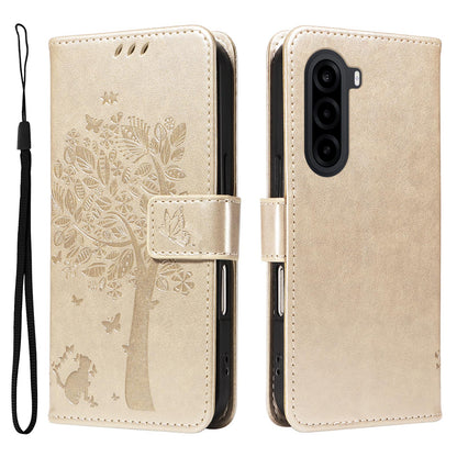 For Realme P4x 5G Tree & Cat Embossed Pattern Flip Leather Phone Case - Gold - EDA006505011K