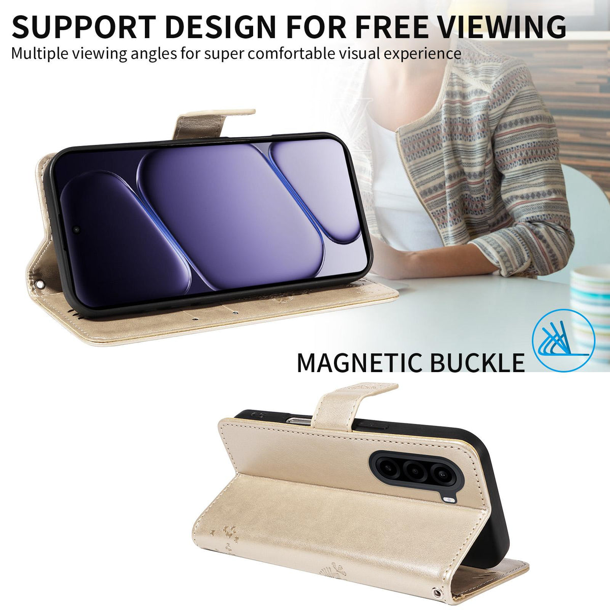 For Realme P4x 5G Tree & Cat Embossed Pattern Flip Leather Phone Case - Gold - EDA006505011K