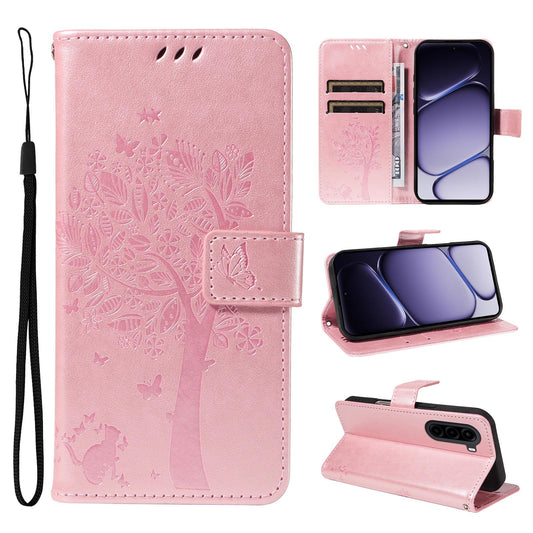 For Realme P4x 5G Tree & Cat Embossed Pattern Flip Leather Phone Case - Rose Gold - EDA006505011L
