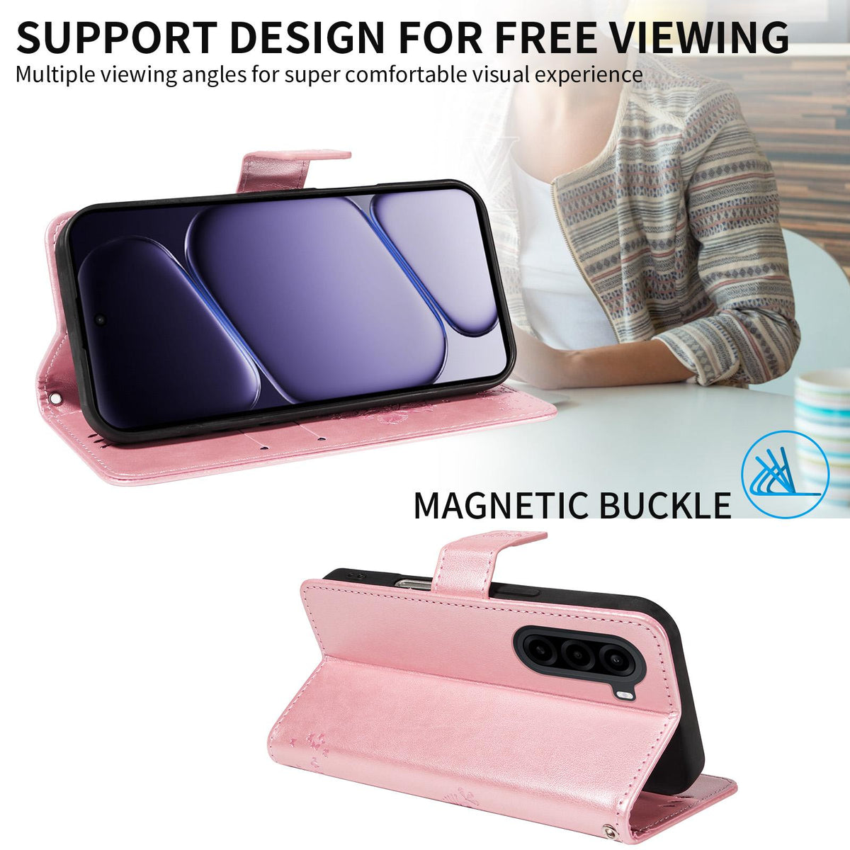 For Realme P4x 5G Tree & Cat Embossed Pattern Flip Leather Phone Case - Rose Gold - EDA006505011L