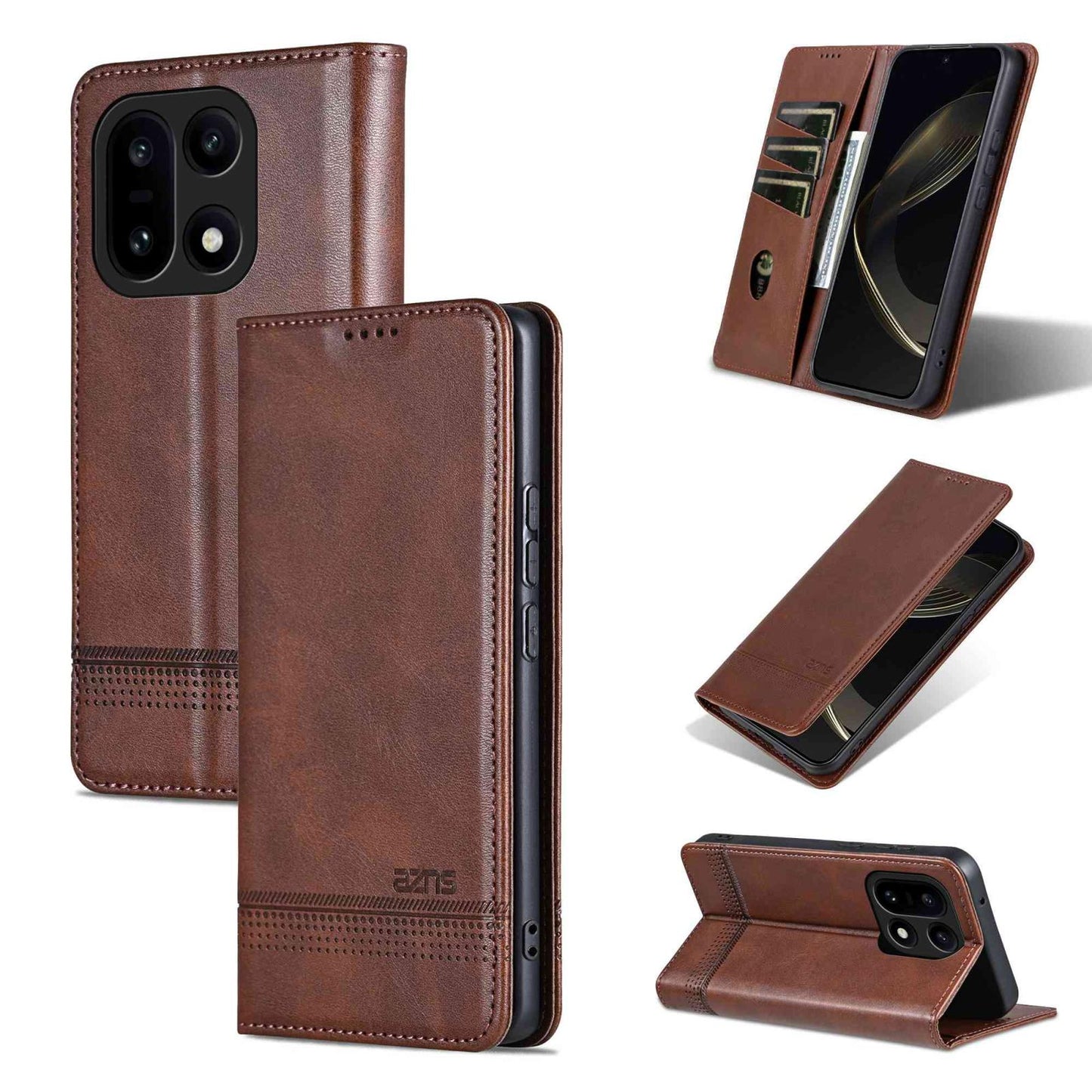 For OnePlus 15 AZNS Magnetic Calf Texture Flip Leather Phone Case(Dark Brown)