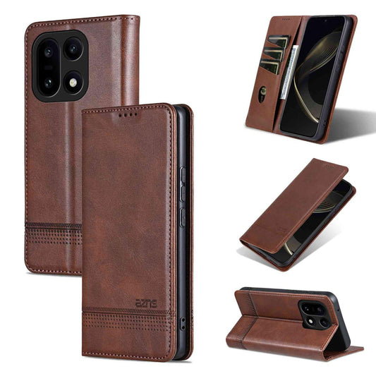 For OnePlus 15 AZNS Magnetic Calf Texture Flip Leather Phone Case(Dark Brown)