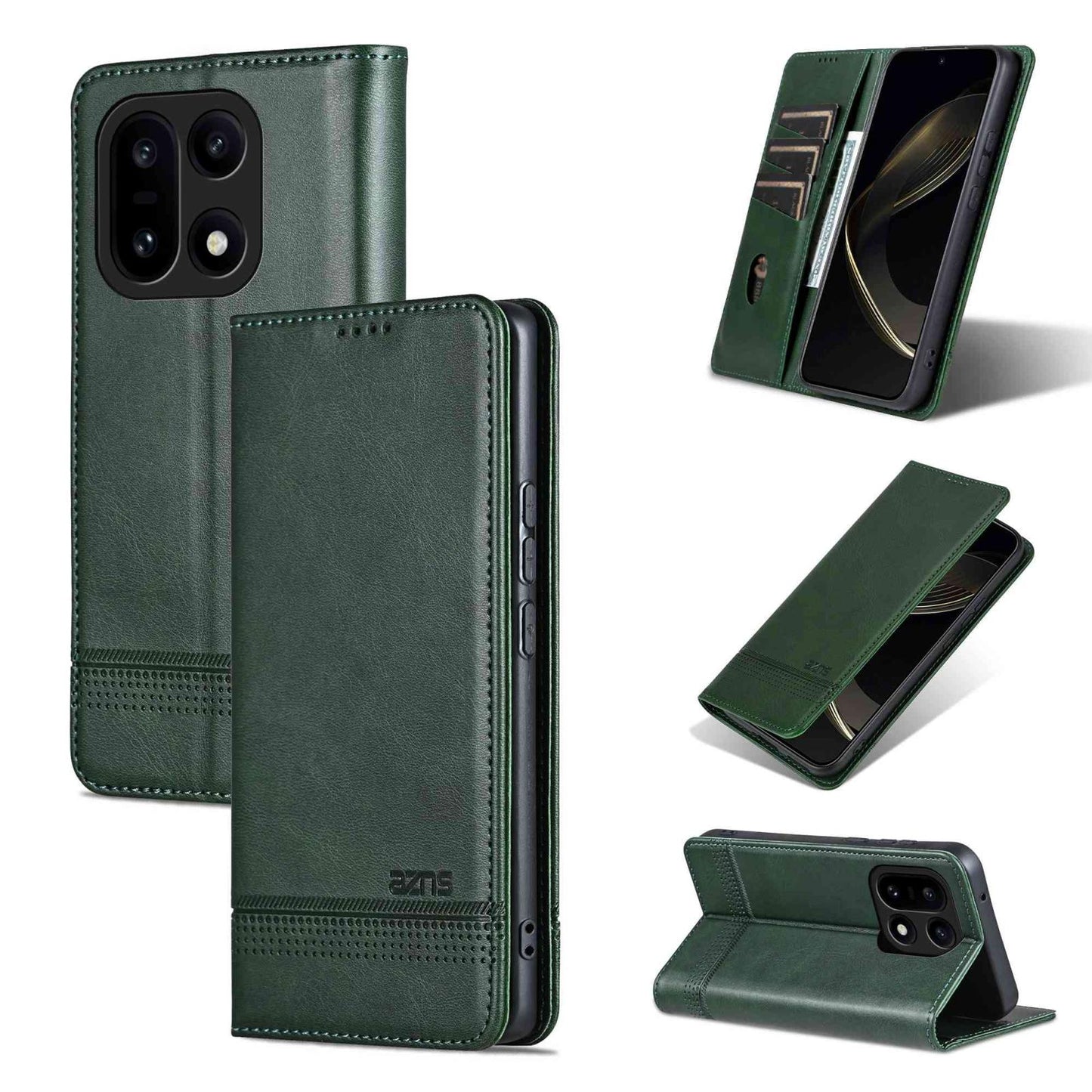 For OnePlus 15 AZNS Magnetic Calf Texture Flip Leather Phone Case(Dark Green)