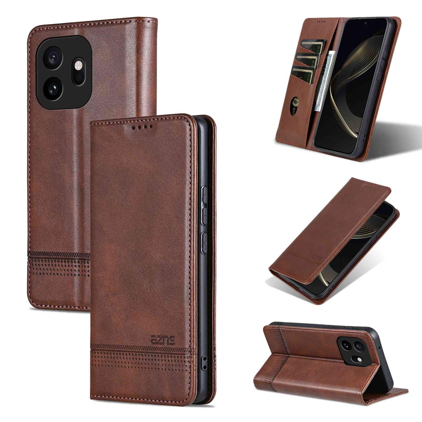 For OnePlus 15T AZNS Magnetic Calf Texture Flip Leather Phone Case(Dark Brown)