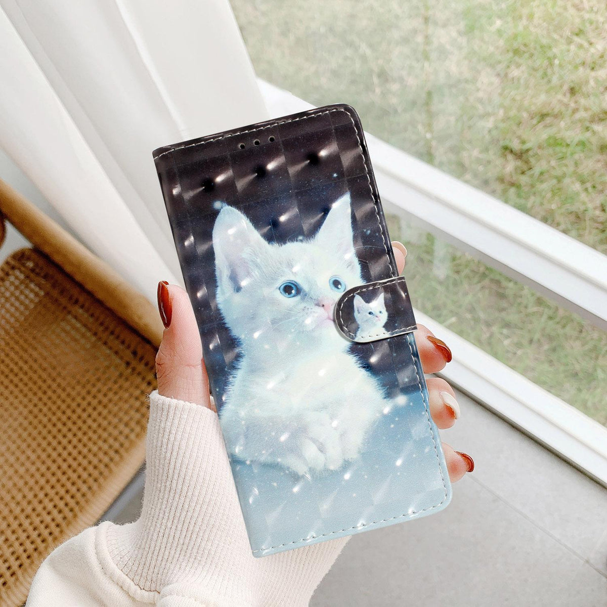For iPhone 18 Pro Max 3D Pattern Leather Phone Case - White Cat - EDA006578305G