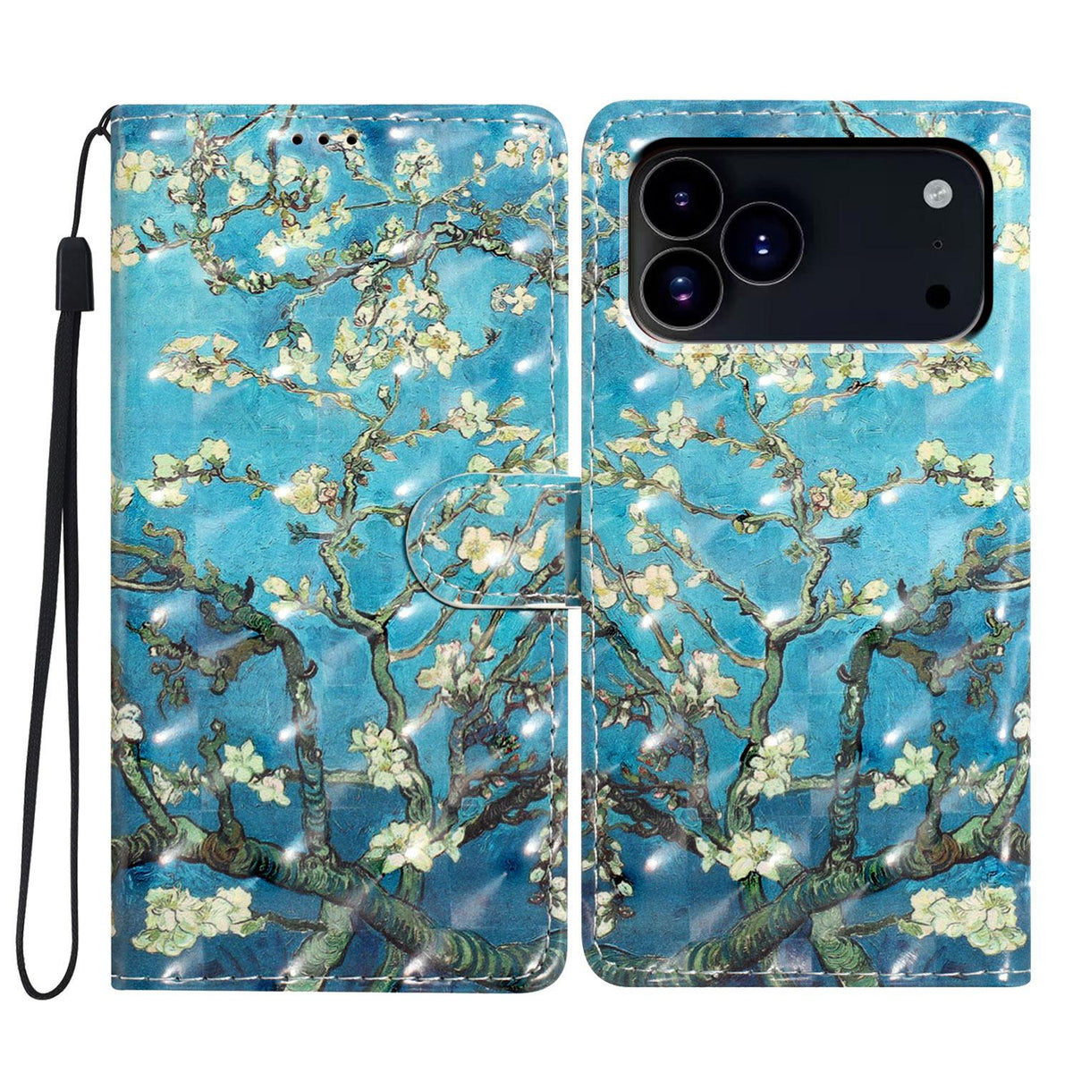For iPhone 18 Pro Max 3D Pattern Leather Phone Case - Blue Base Apricot Flower - EDA006578305J