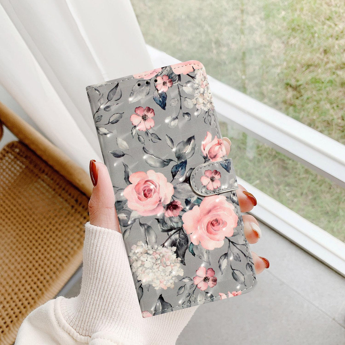 For iPhone 18 Pro 3D Pattern Leather Phone Case - Gray Base Flower - EDA006578306I