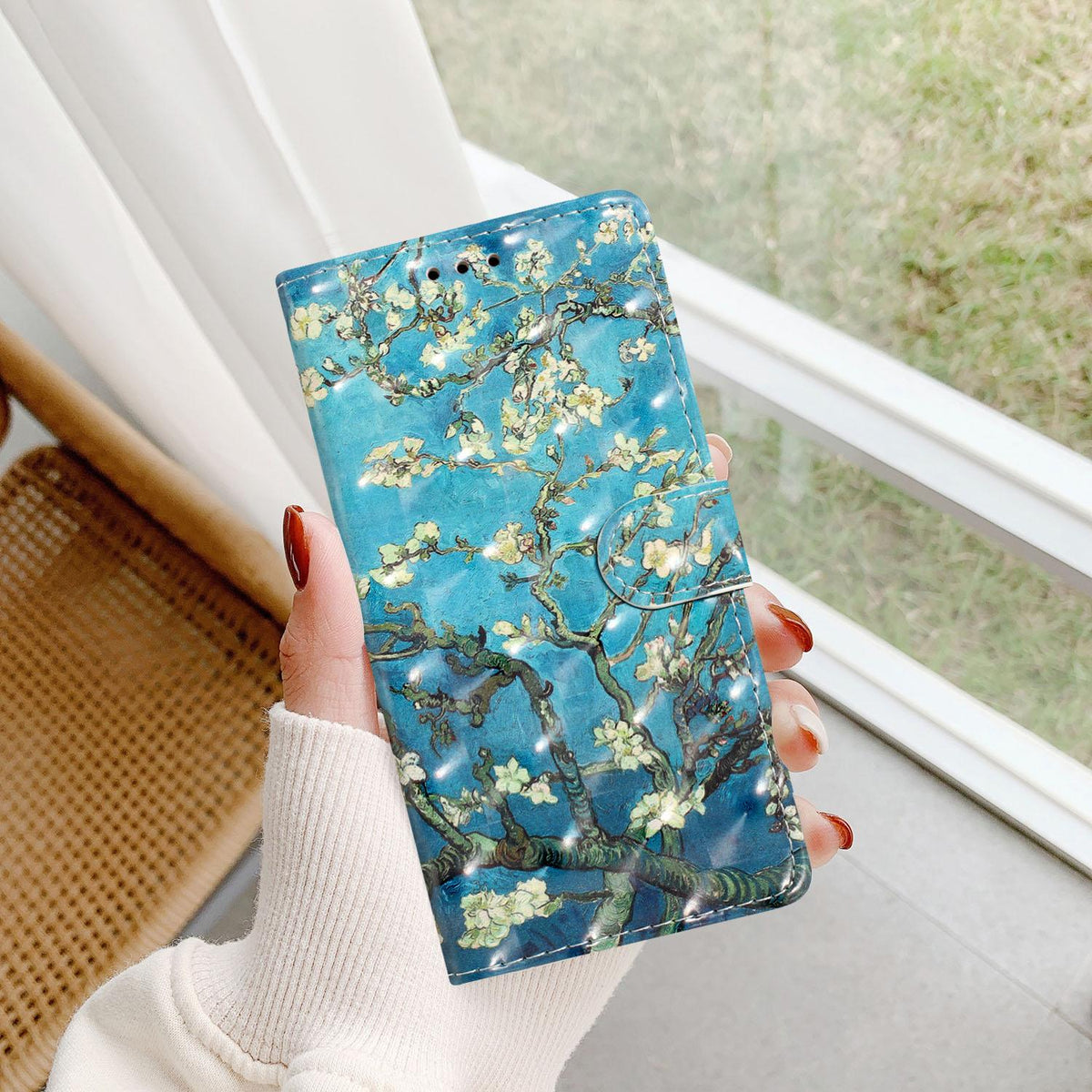 For iPhone 18 Pro 3D Pattern Leather Phone Case - Blue Base Apricot Flower - EDA006578306J