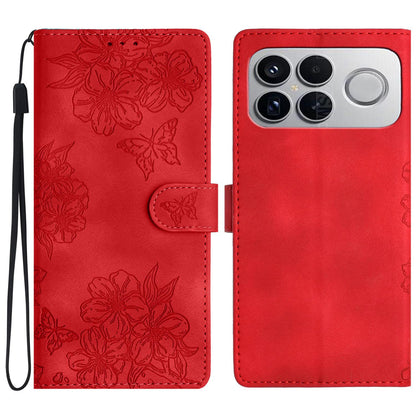 For Redmi K90 Pro Max/Poco F8 Ultra Cherry Blossom Butterfly Skin Feel Embossed PU Phone Case(Red)