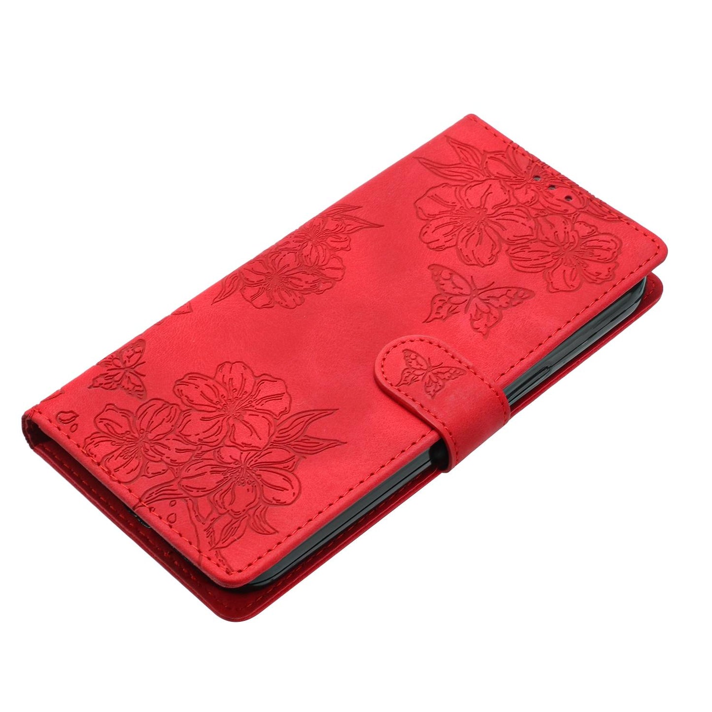 For Redmi K90 Pro Max/Poco F8 Ultra Cherry Blossom Butterfly Skin Feel Embossed PU Phone Case(Red)