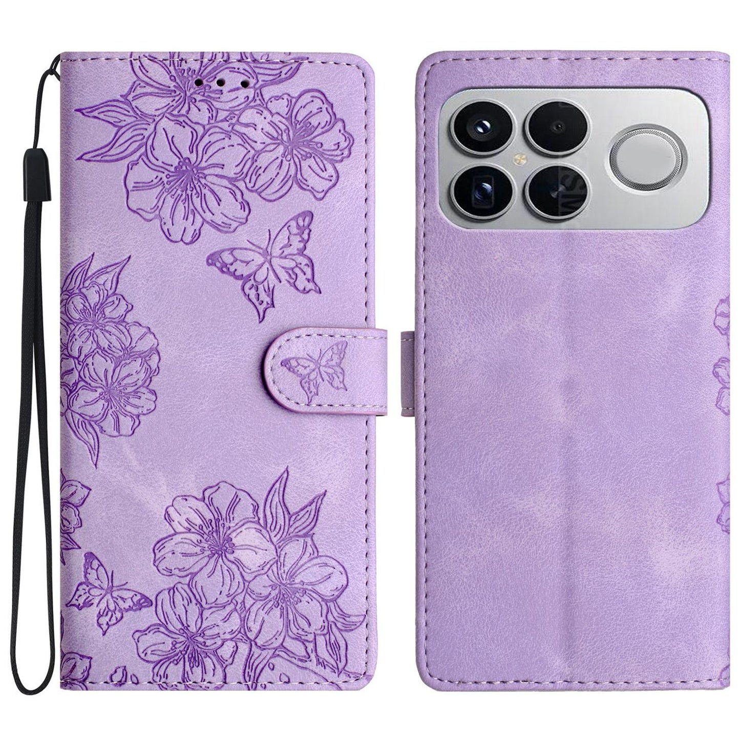For Redmi K90 Pro Max/Poco F8 Ultra Cherry Blossom Butterfly Skin Feel Embossed PU Phone Case(Purple)