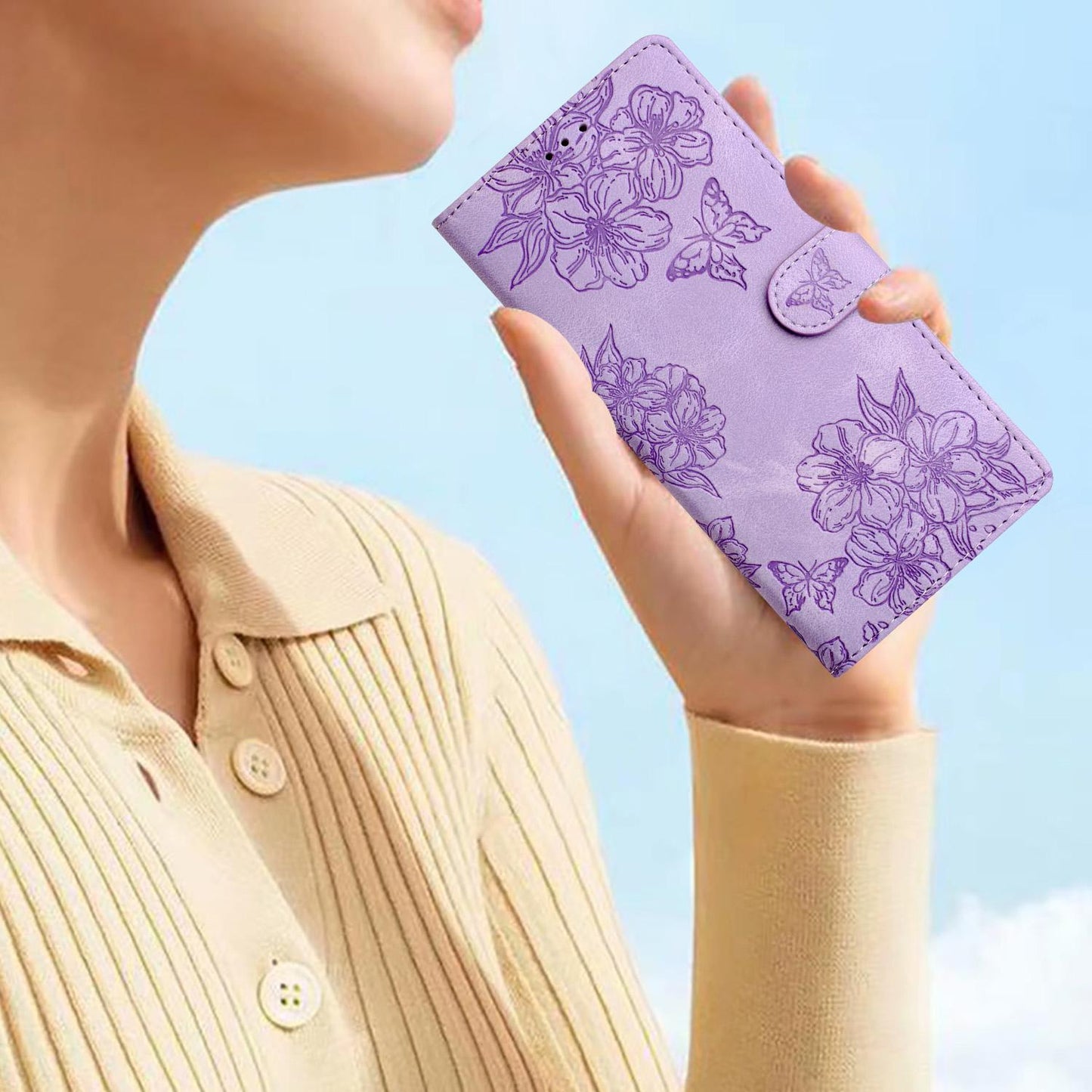 For Redmi K90 Pro Max/Poco F8 Ultra Cherry Blossom Butterfly Skin Feel Embossed PU Phone Case(Purple)