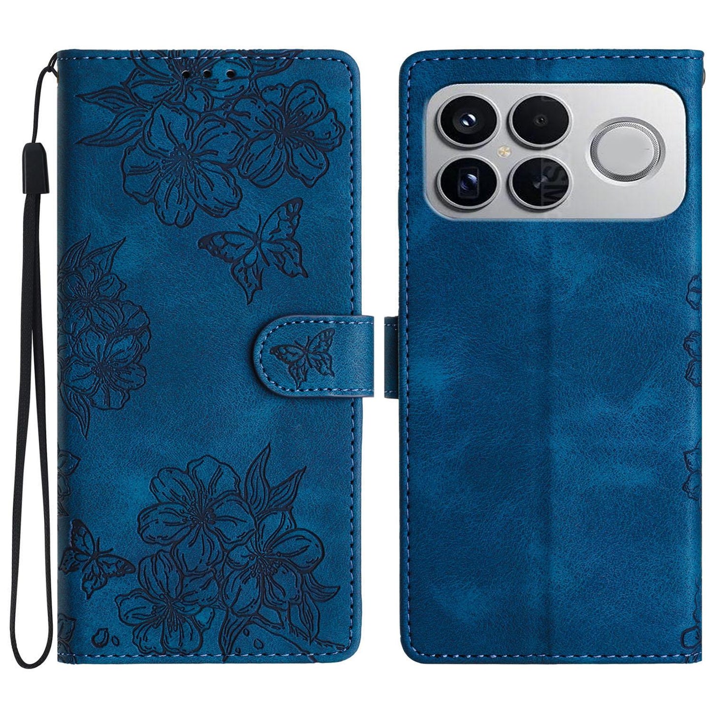 For Redmi K90 Pro Max/Poco F8 Ultra Cherry Blossom Butterfly Skin Feel Embossed PU Phone Case(Blue)