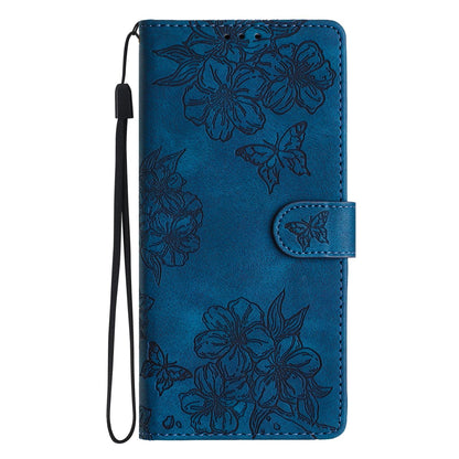 For Redmi K90 Pro Max/Poco F8 Ultra Cherry Blossom Butterfly Skin Feel Embossed PU Phone Case(Blue)