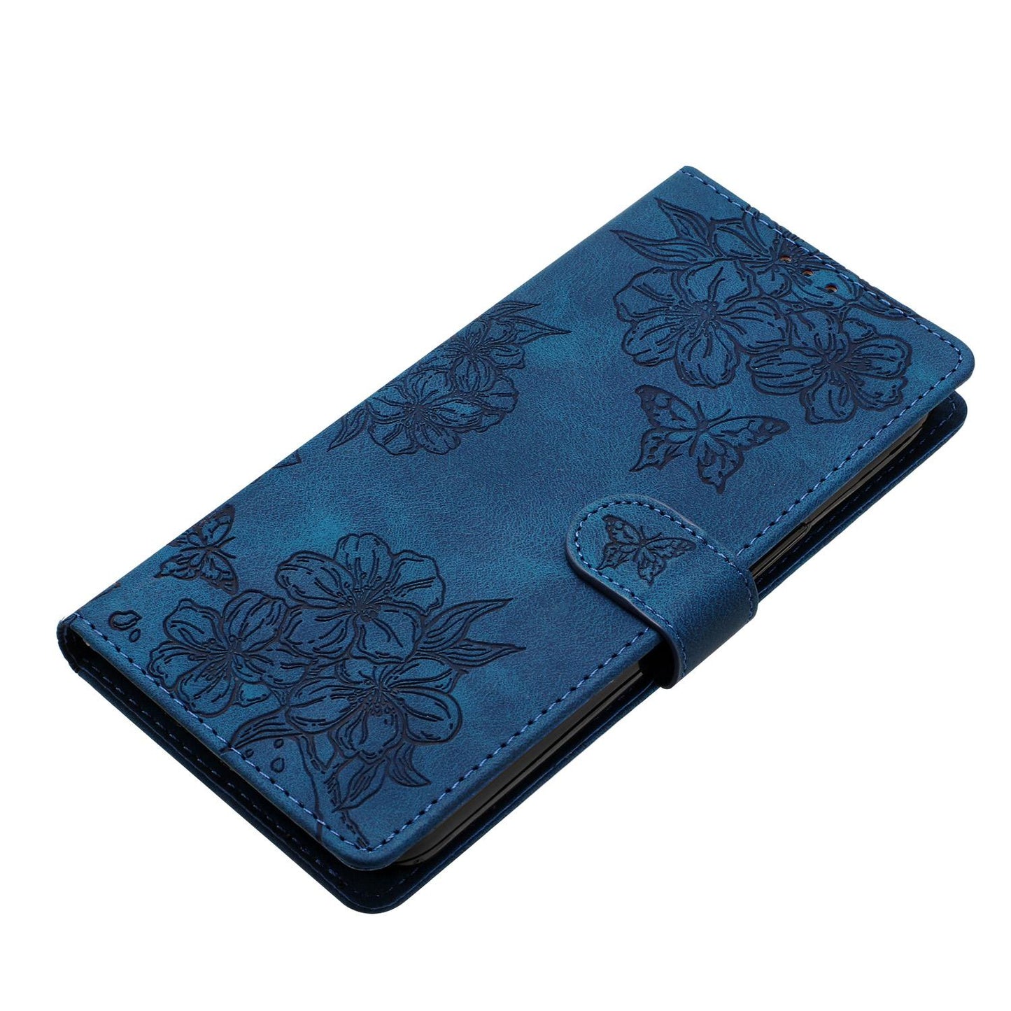 For Redmi K90 Pro Max/Poco F8 Ultra Cherry Blossom Butterfly Skin Feel Embossed PU Phone Case(Blue)