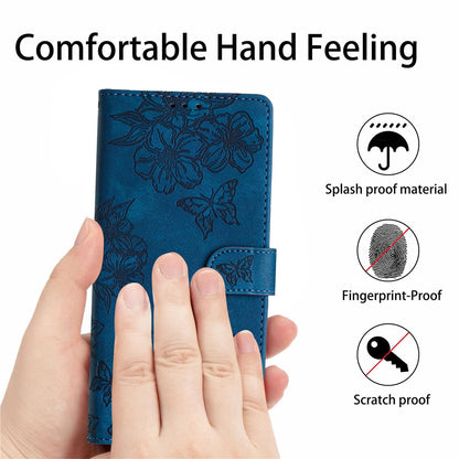 For Redmi K90 Pro Max/Poco F8 Ultra Cherry Blossom Butterfly Skin Feel Embossed PU Phone Case(Blue)