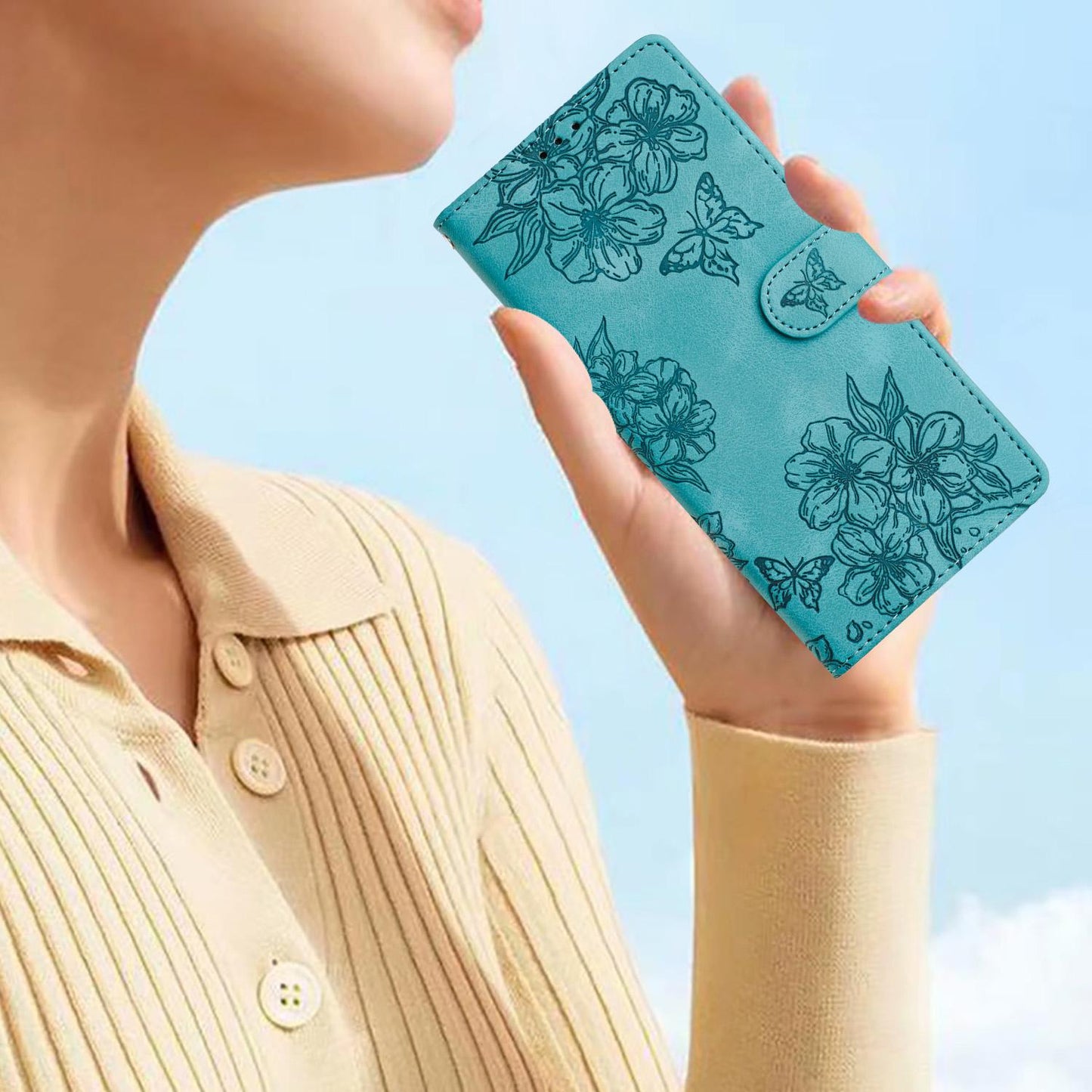 For Redmi K90 Pro Max/Poco F8 Ultra Cherry Blossom Butterfly Skin Feel Embossed PU Phone Case(Green)