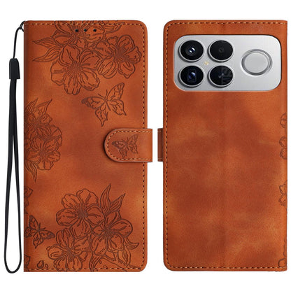 For Redmi K90 Pro Max/Poco F8 Ultra Cherry Blossom Butterfly Skin Feel Embossed PU Phone Case(Brown)