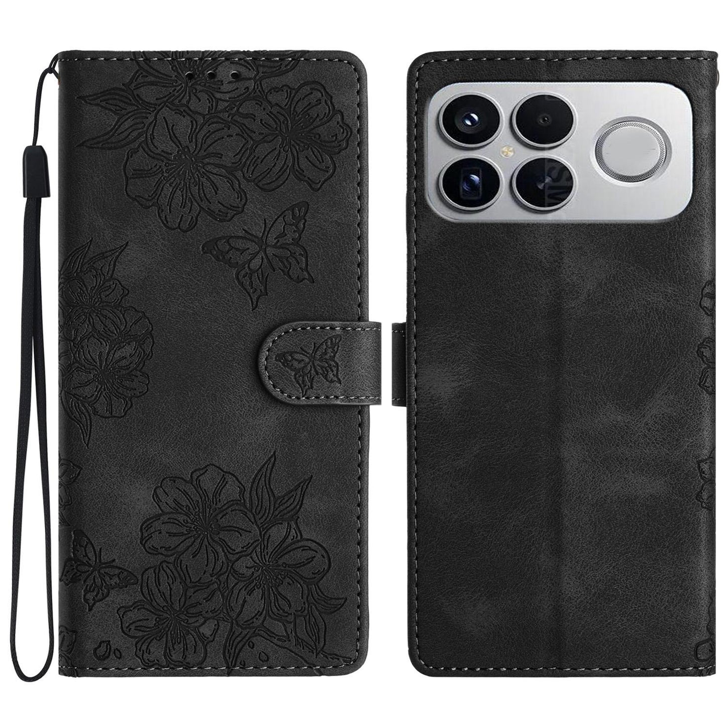 For Redmi K90 Pro Max/Poco F8 Ultra Cherry Blossom Butterfly Skin Feel Embossed PU Phone Case(Black)