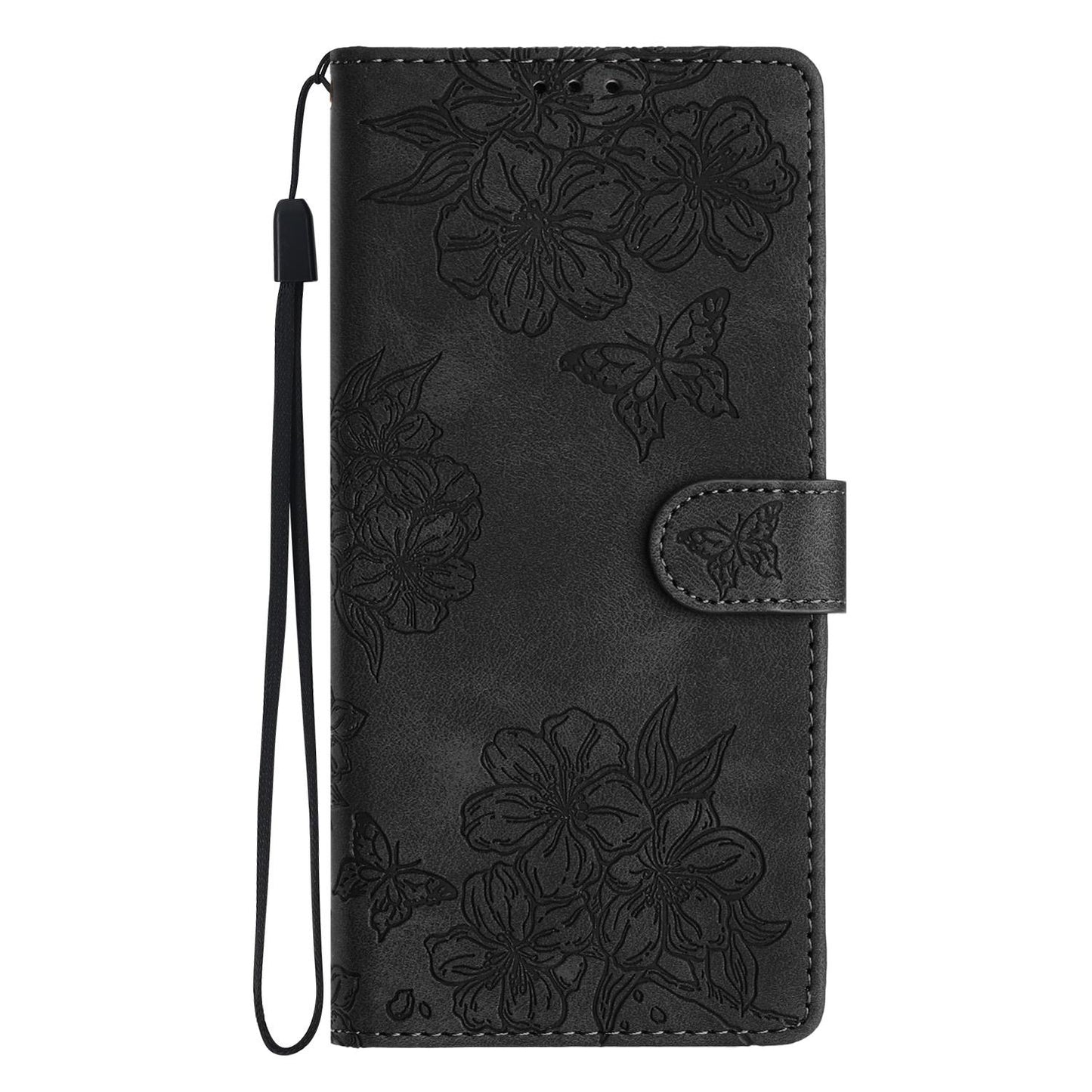 For Redmi K90 Pro Max/Poco F8 Ultra Cherry Blossom Butterfly Skin Feel Embossed PU Phone Case(Black)