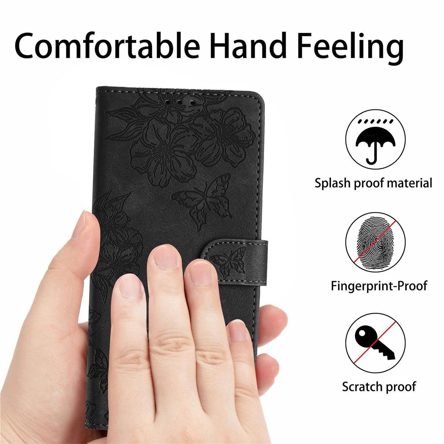 For Redmi K90 Pro Max/Poco F8 Ultra Cherry Blossom Butterfly Skin Feel Embossed PU Phone Case(Black)