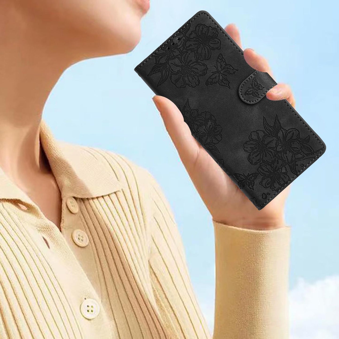 For Redmi K90 Pro Max/Poco F8 Ultra Cherry Blossom Butterfly Skin Feel Embossed PU Phone Case(Black)