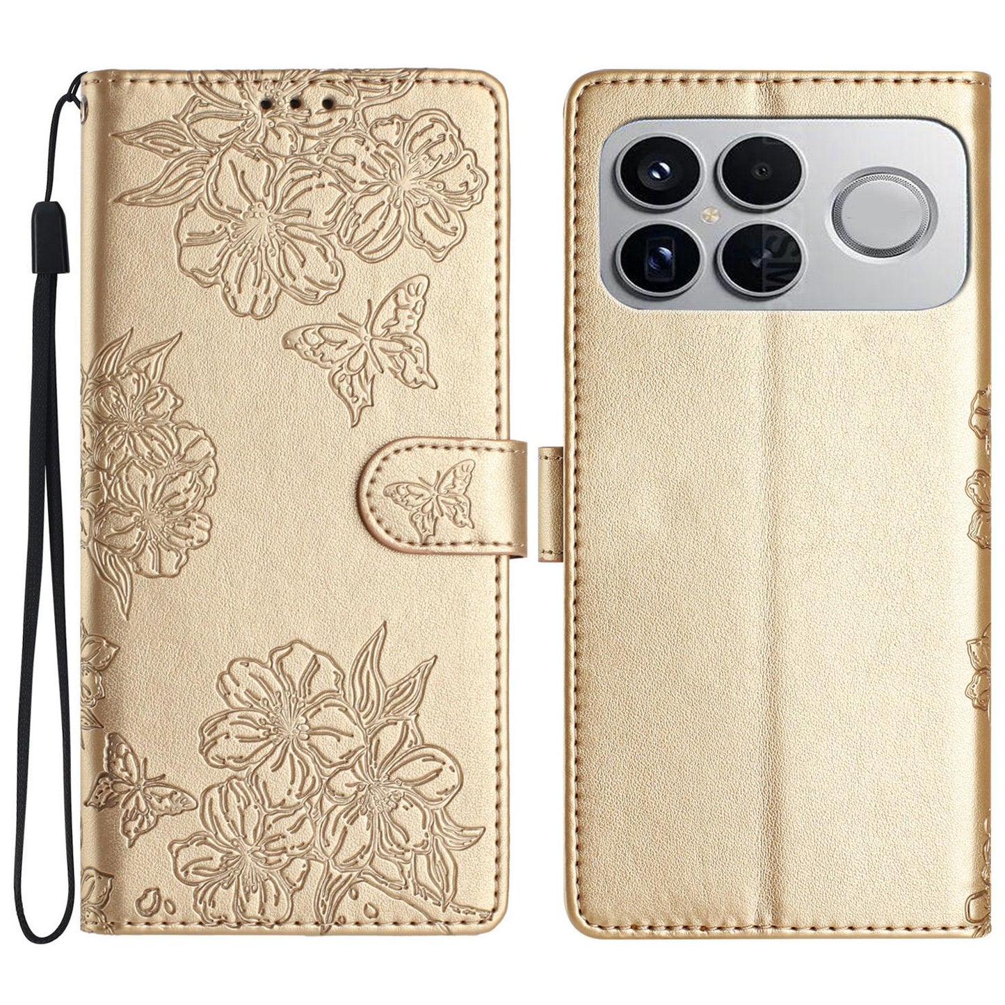 For Redmi K90 Pro Max/Poco F8 Ultra Cherry Blossom Butterfly Skin Feel Embossed PU Phone Case(Gold)