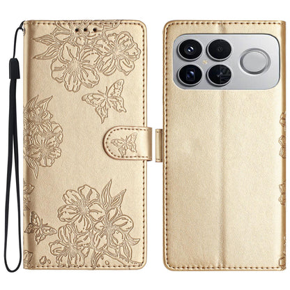 For Redmi K90 Pro Max/Poco F8 Ultra Cherry Blossom Butterfly Skin Feel Embossed PU Phone Case(Gold)
