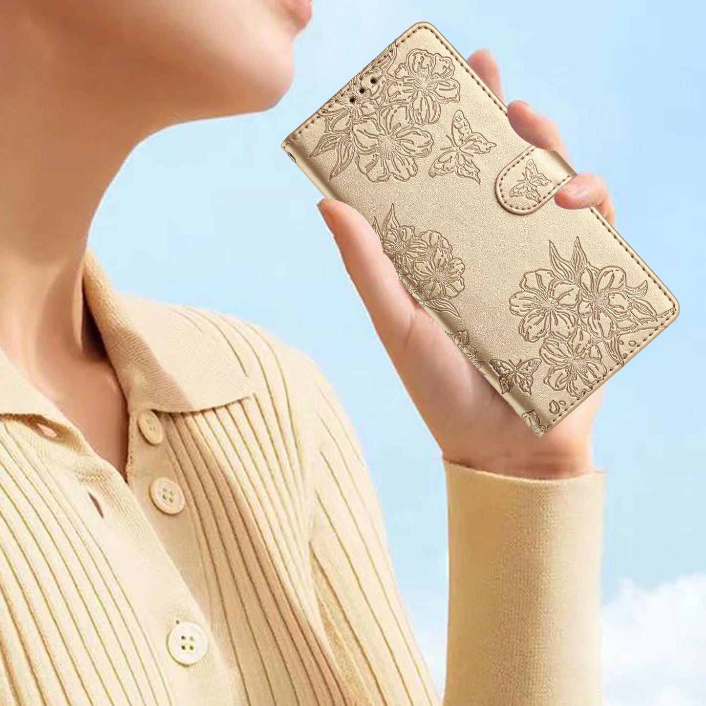 For Redmi K90 Pro Max/Poco F8 Ultra Cherry Blossom Butterfly Skin Feel Embossed PU Phone Case(Gold)