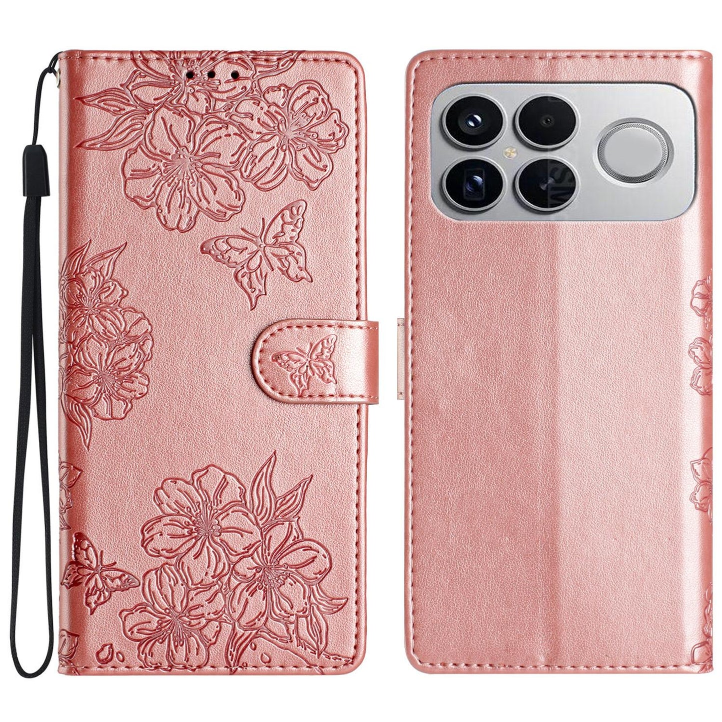 For Redmi K90 Pro Max/Poco F8 Ultra Cherry Blossom Butterfly Skin Feel Embossed PU Phone Case(Rose Gold)