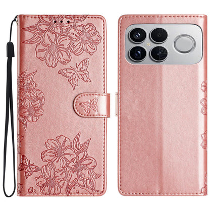 For Redmi K90 Pro Max/Poco F8 Ultra Cherry Blossom Butterfly Skin Feel Embossed PU Phone Case(Rose Gold)