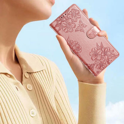 For Redmi K90 Pro Max/Poco F8 Ultra Cherry Blossom Butterfly Skin Feel Embossed PU Phone Case(Rose Gold)