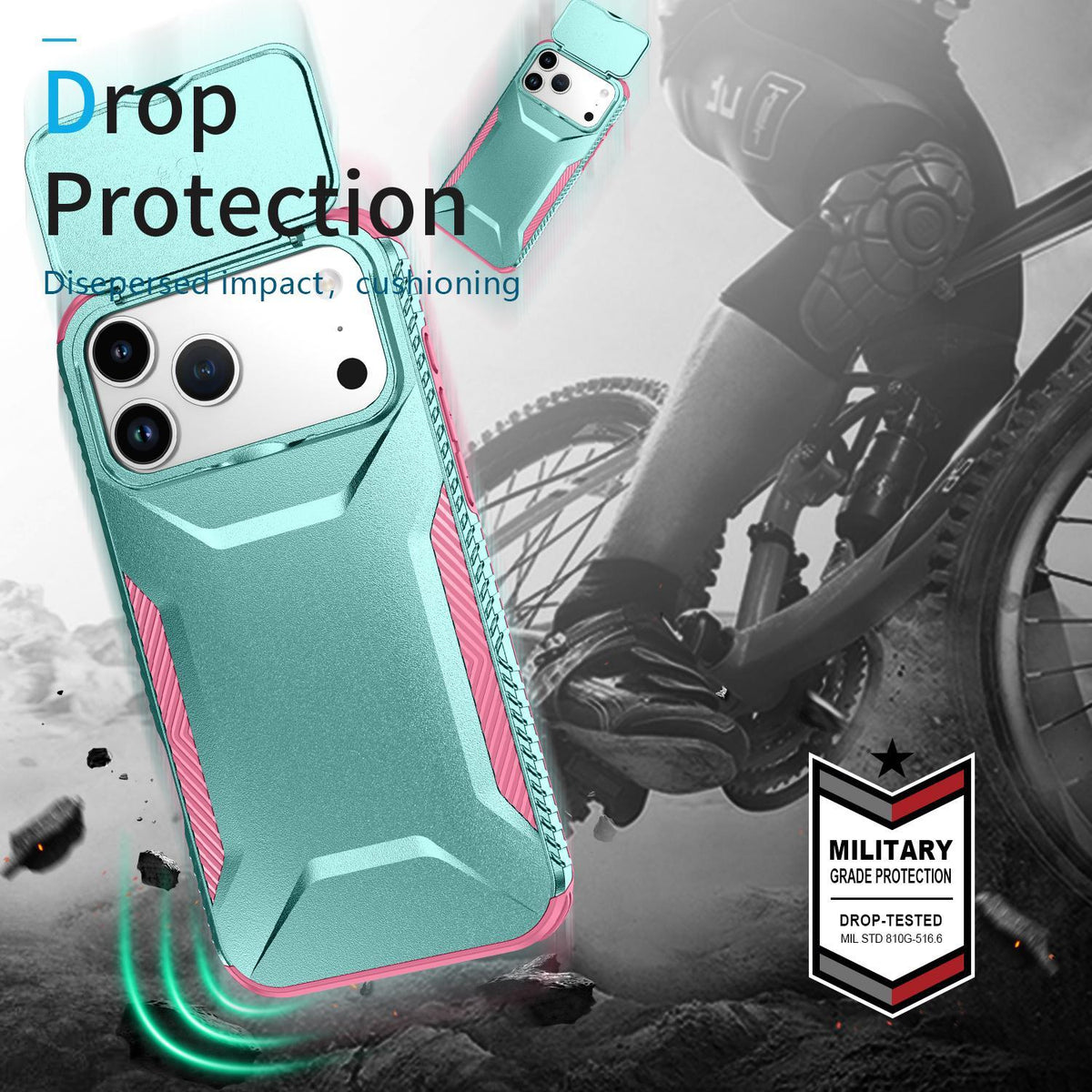 For iPhone 18 Pro Max / 18 Pro Max Sliding Camshield Phone Case - Pink + Grey Green - EDA006651722B