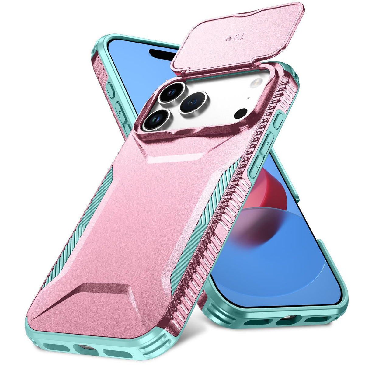 For iPhone 18 Pro Max / 18 Pro Max Sliding Camshield Phone Case - Grey Green + Pink - EDA006651722F
