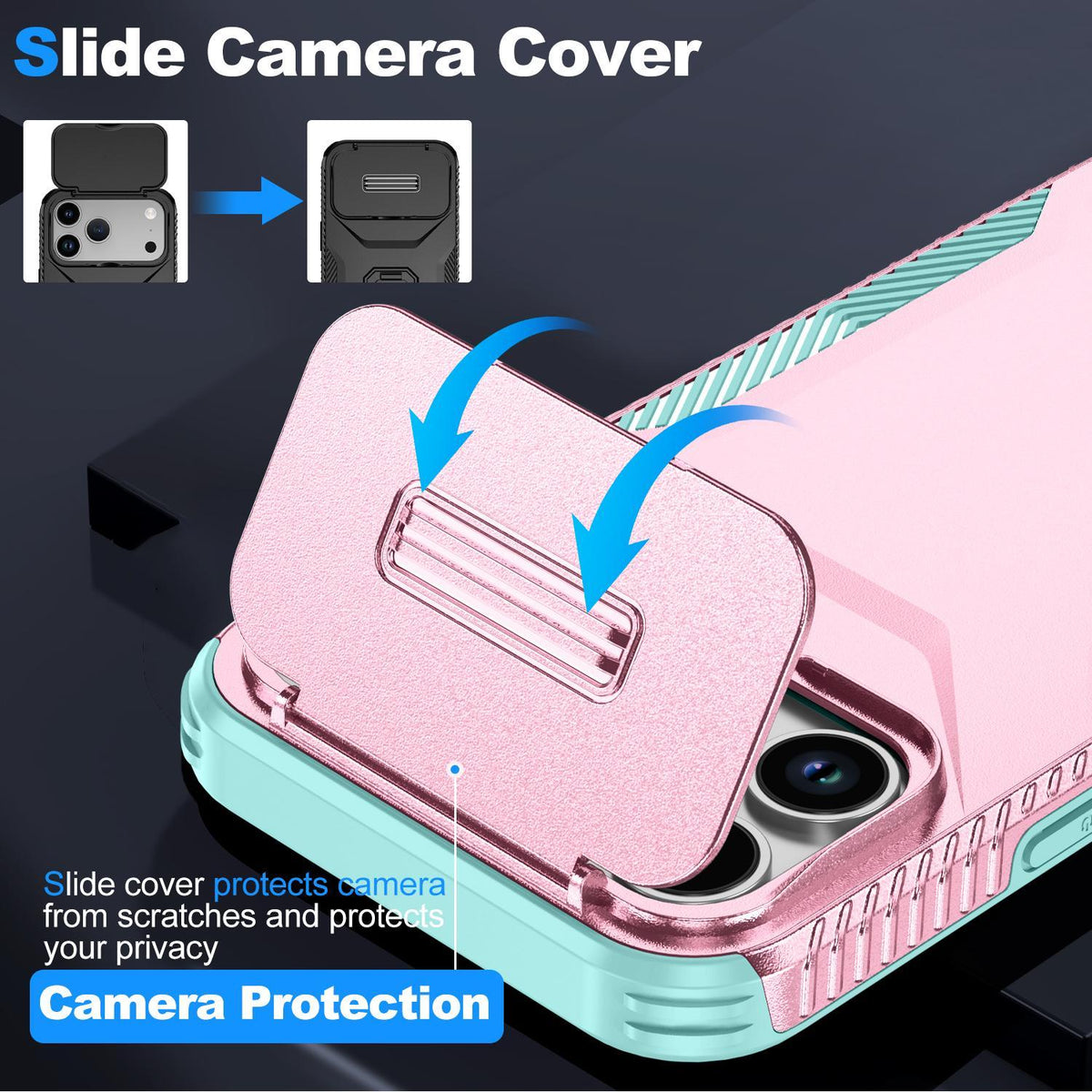 For iPhone 18 Pro Max / 18 Pro Max Sliding Camshield Phone Case - Grey Green + Pink - EDA006651722F