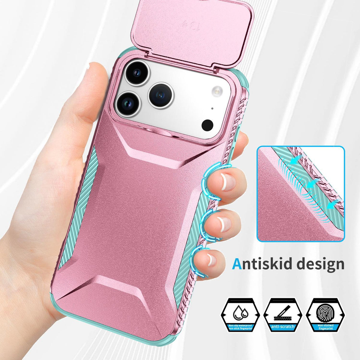 For iPhone 18 Pro Max / 18 Pro Max Sliding Camshield Phone Case - Grey Green + Pink - EDA006651722F