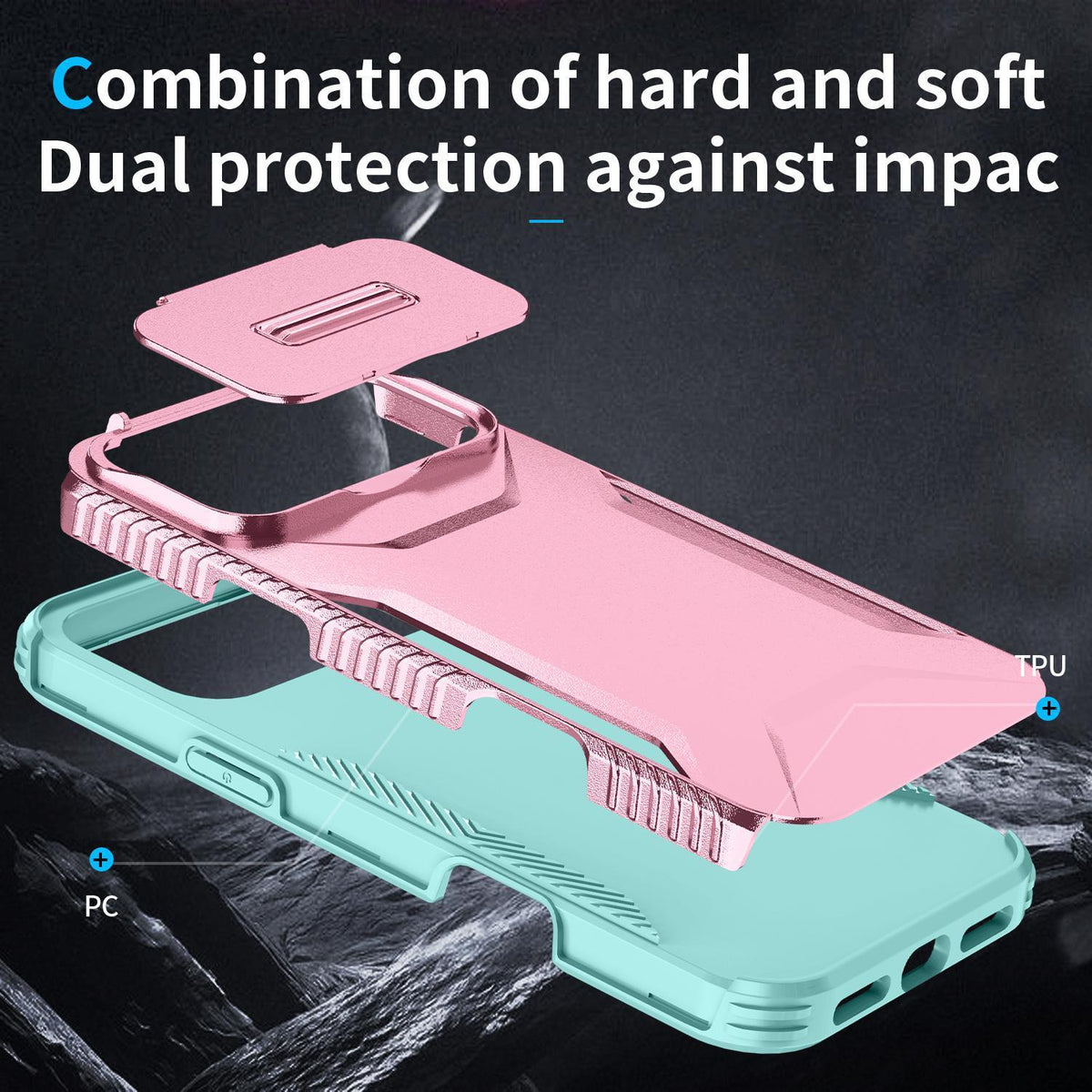 For iPhone 18 Pro Max / 18 Pro Max Sliding Camshield Phone Case - Grey Green + Pink - EDA006651722F